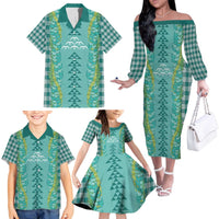 Teal Palaka Hawaii Iwa Bird Family Matching Off The Shoulder Long Sleeve Dress and Hawaiian Shirt Hawaiian Kakau Jade Vine Lei - Polynesian Pride