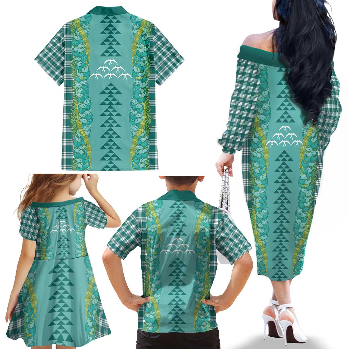 Teal Palaka Hawaii Iwa Bird Family Matching Off The Shoulder Long Sleeve Dress and Hawaiian Shirt Hawaiian Kakau Jade Vine Lei - Polynesian Pride