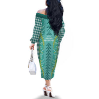 Teal Palaka Hawaii Iwa Bird Family Matching Off The Shoulder Long Sleeve Dress and Hawaiian Shirt Hawaiian Kakau Jade Vine Lei - Polynesian Pride