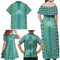 Teal Palaka Hawaii Iwa Bird Family Matching Off Shoulder Maxi Dress and Hawaiian Shirt Hawaiian Kakau Jade Vine Lei - Polynesian Pride