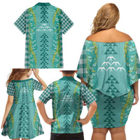 Teal Palaka Hawaii Iwa Bird Family Matching Off Shoulder Short Dress and Hawaiian Shirt Hawaiian Kakau Jade Vine Lei - Polynesian Pride