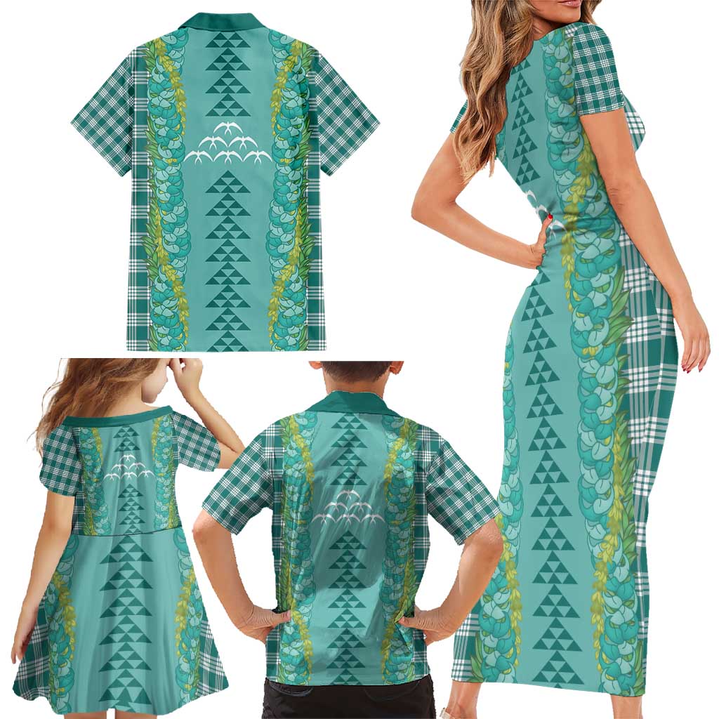 Teal Palaka Hawaii Iwa Bird Family Matching Short Sleeve Bodycon Dress and Hawaiian Shirt Hawaiian Kakau Jade Vine Lei - Polynesian Pride