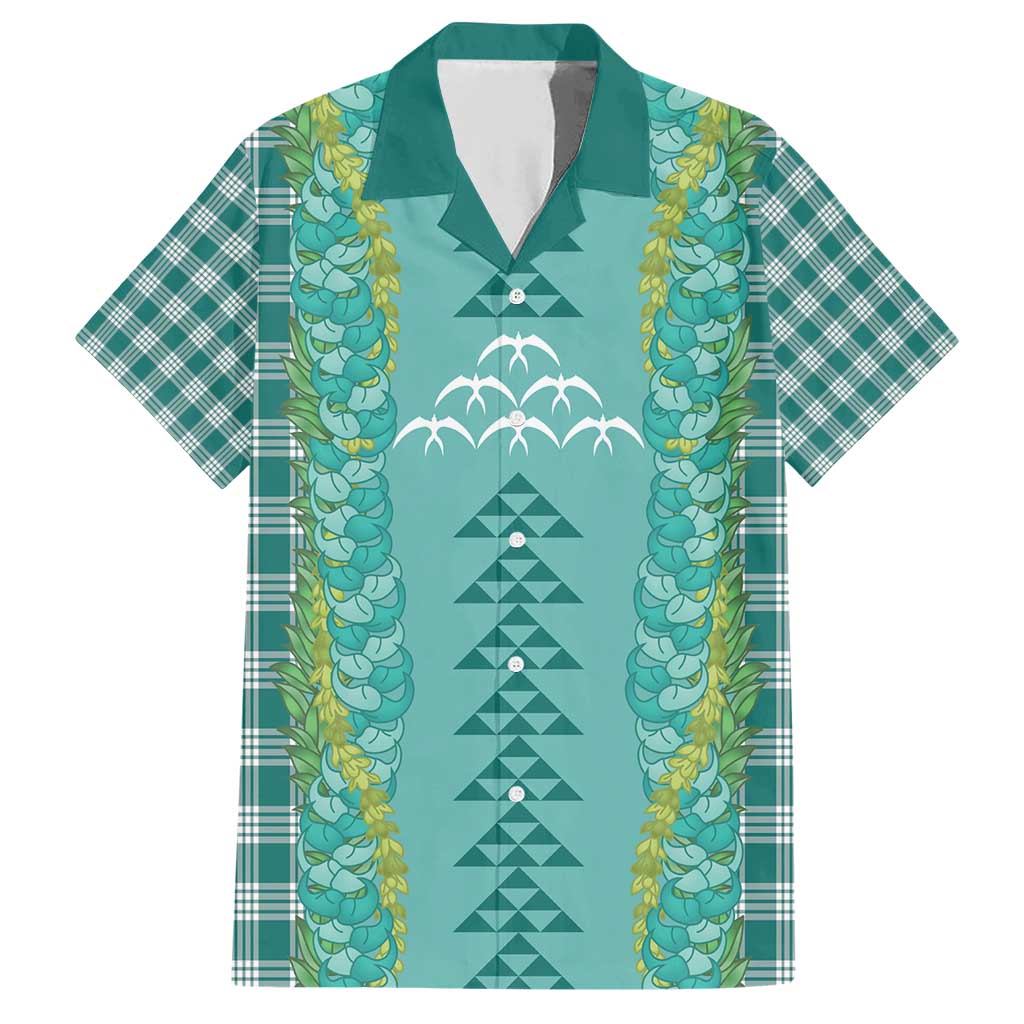 Teal Palaka Hawaii Iwa Bird Family Matching Short Sleeve Bodycon Dress and Hawaiian Shirt Hawaiian Kakau Jade Vine Lei - Polynesian Pride