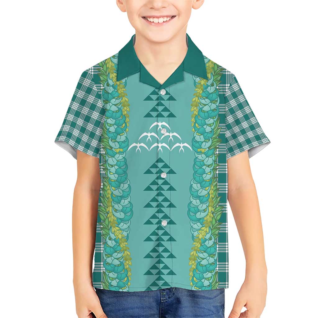 Teal Palaka Hawaii Iwa Bird Family Matching Short Sleeve Bodycon Dress and Hawaiian Shirt Hawaiian Kakau Jade Vine Lei - Polynesian Pride