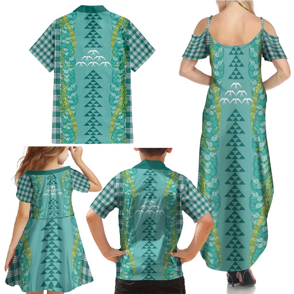 Teal Palaka Hawaii Iwa Bird Family Matching Summer Maxi Dress and Hawaiian Shirt Hawaiian Kakau Jade Vine Lei - Polynesian Pride