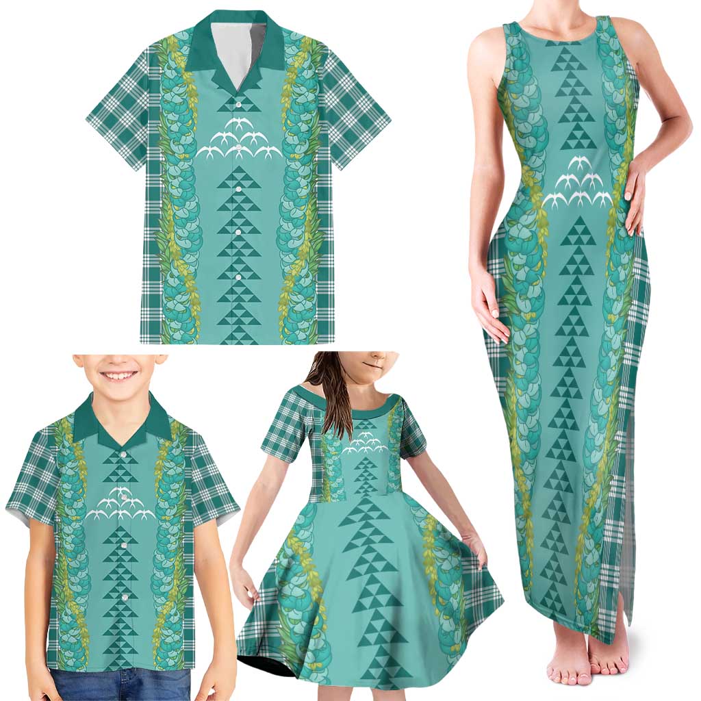 Teal Palaka Hawaii Iwa Bird Family Matching Tank Maxi Dress and Hawaiian Shirt Hawaiian Kakau Jade Vine Lei LT14 - Polynesian Pride