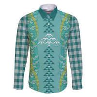 Teal Palaka Hawaii Iwa Bird Family Matching Tank Maxi Dress and Hawaiian Shirt Hawaiian Kakau Jade Vine Lei - Polynesian Pride