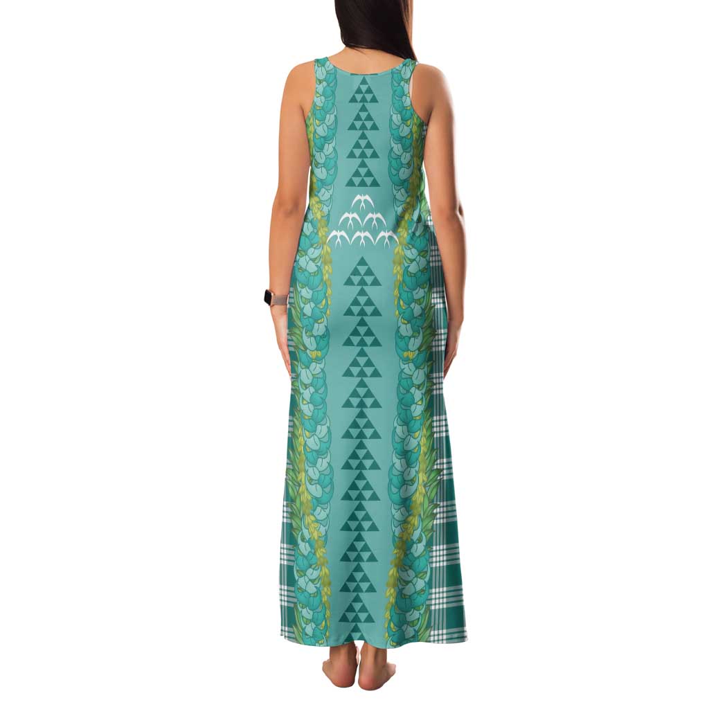 Teal Palaka Hawaii Iwa Bird Family Matching Tank Maxi Dress and Hawaiian Shirt Hawaiian Kakau Jade Vine Lei - Polynesian Pride