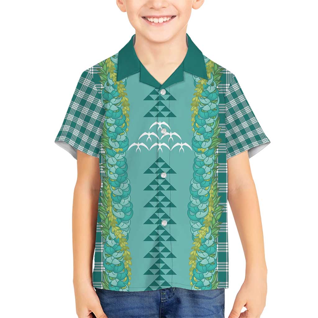 Teal Palaka Hawaii Iwa Bird Family Matching Tank Maxi Dress and Hawaiian Shirt Hawaiian Kakau Jade Vine Lei - Polynesian Pride