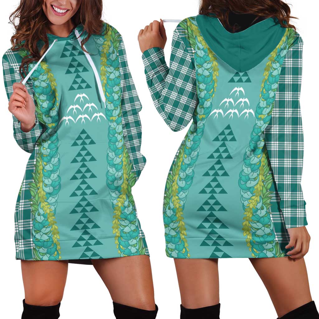 Teal Palaka Hawaii Iwa Bird Hoodie Dress Hawaiian Kakau Jade Vine Lei - Polynesian Pride