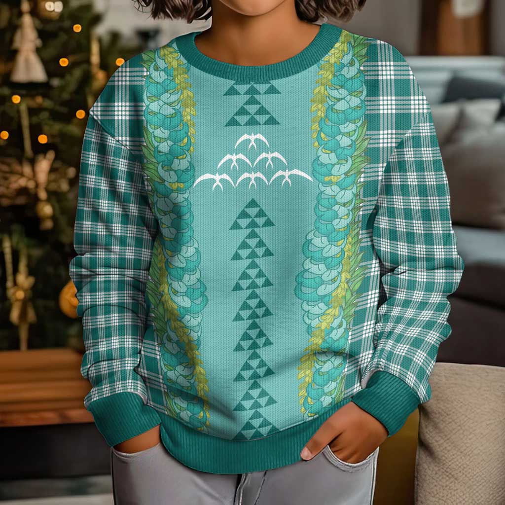 Teal Palaka Hawaii Iwa Bird Kid Ugly Christmas Sweater Hawaiian Kakau Jade Vine Lei - Polynesian Pride
