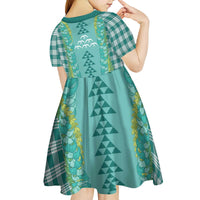 Teal Palaka Hawaii Iwa Bird Kid Short Sleeve Dress Hawaiian Kakau Jade Vine Lei - Polynesian Pride