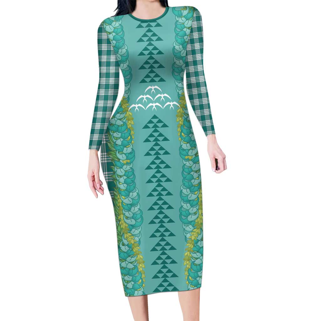 Teal Palaka Hawaii Iwa Bird Long Sleeve Bodycon Dress Hawaiian Kakau Jade Vine Lei - Polynesian Pride