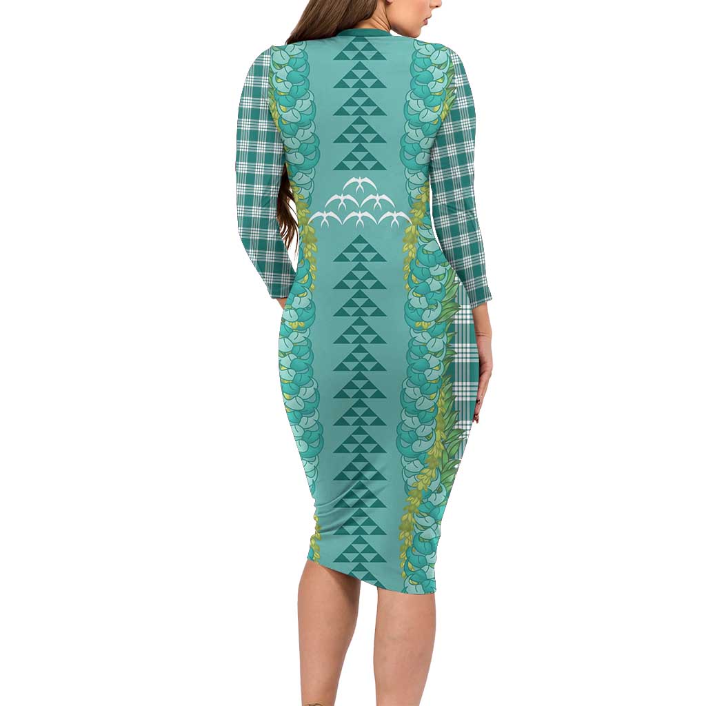 Teal Palaka Hawaii Iwa Bird Long Sleeve Bodycon Dress Hawaiian Kakau Jade Vine Lei - Polynesian Pride