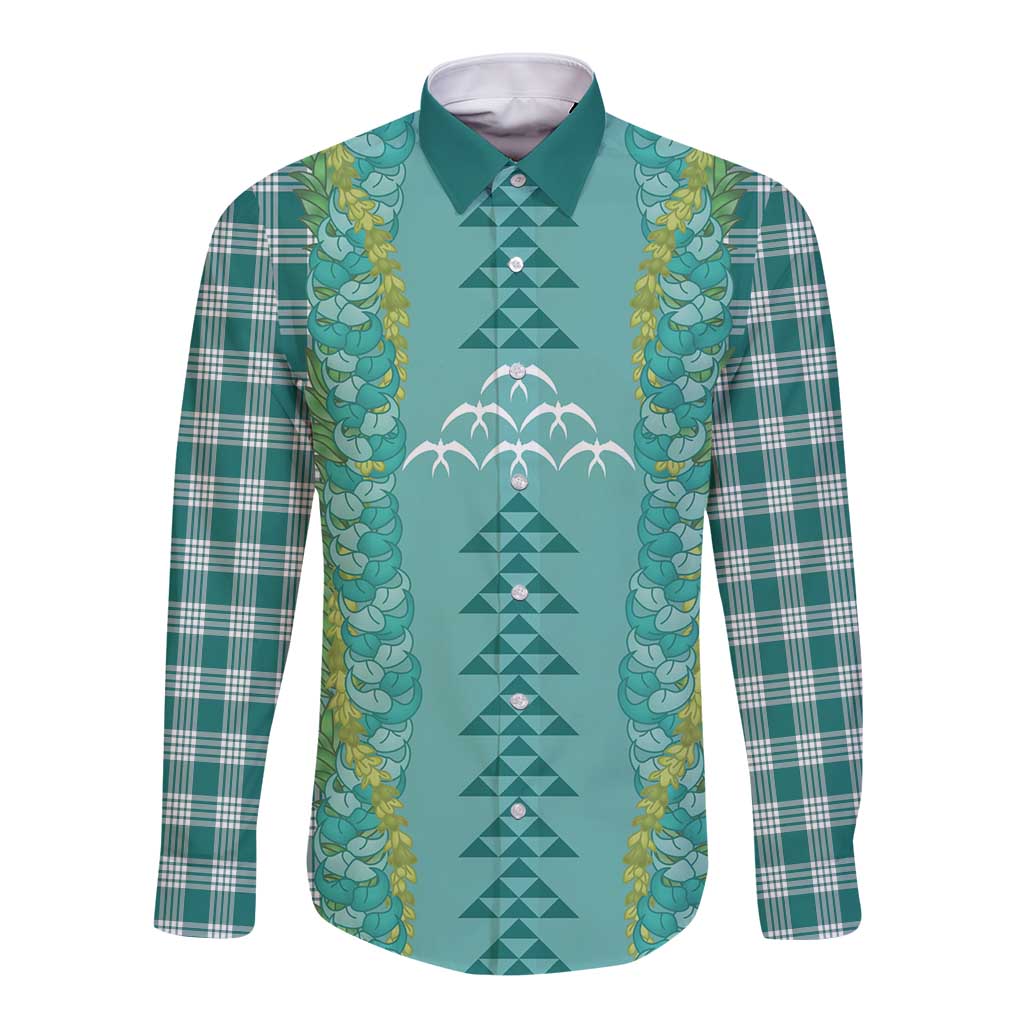 Teal Palaka Hawaii Iwa Bird Long Sleeve Button Shirt Hawaiian Kakau Jade Vine Lei LT14 Unisex Teal - Polynesian Pride