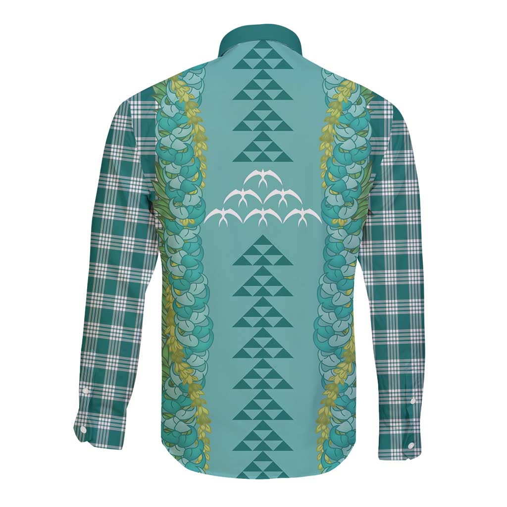 Teal Palaka Hawaii Iwa Bird Long Sleeve Button Shirt Hawaiian Kakau Jade Vine Lei - Polynesian Pride