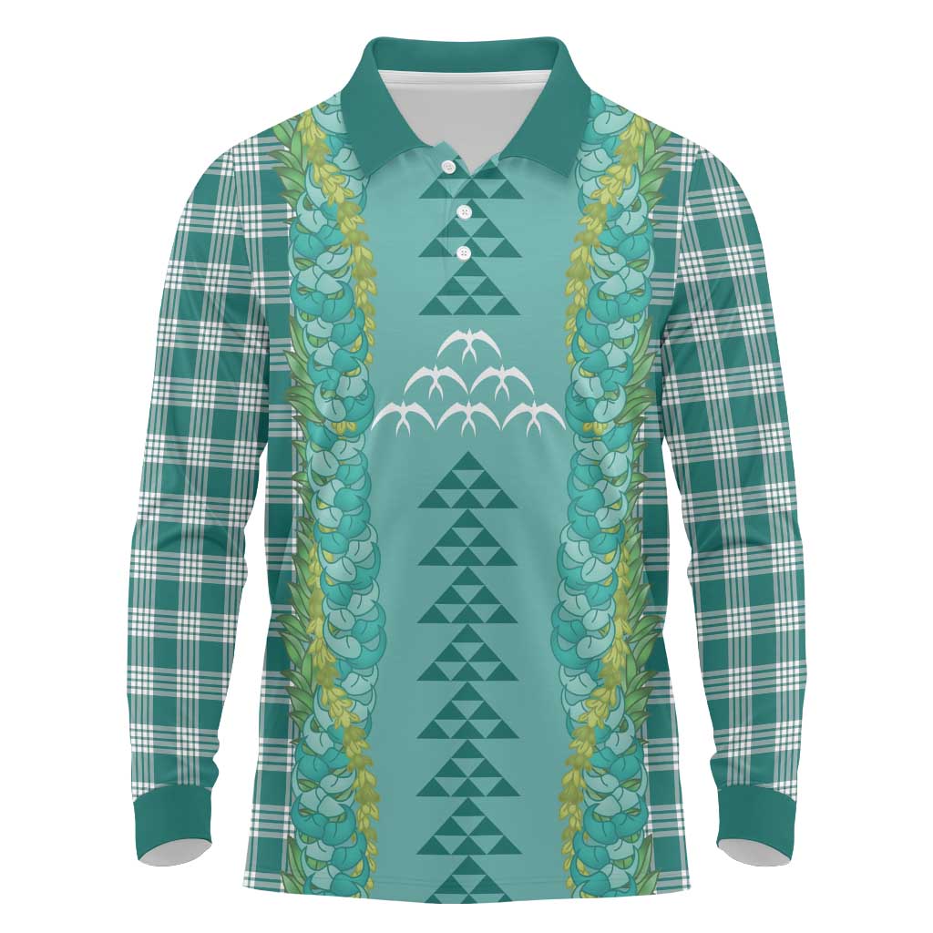 Teal Palaka Hawaii Iwa Bird Long Sleeve Polo Shirt Hawaiian Kakau Jade Vine Lei - Polynesian Pride