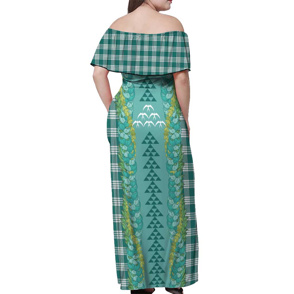 Teal Palaka Hawaii Iwa Bird Off Shoulder Maxi Dress Hawaiian Kakau Jade Vine Lei - Polynesian Pride