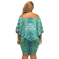 Teal Palaka Hawaii Iwa Bird Off Shoulder Short Dress Hawaiian Kakau Jade Vine Lei - Polynesian Pride