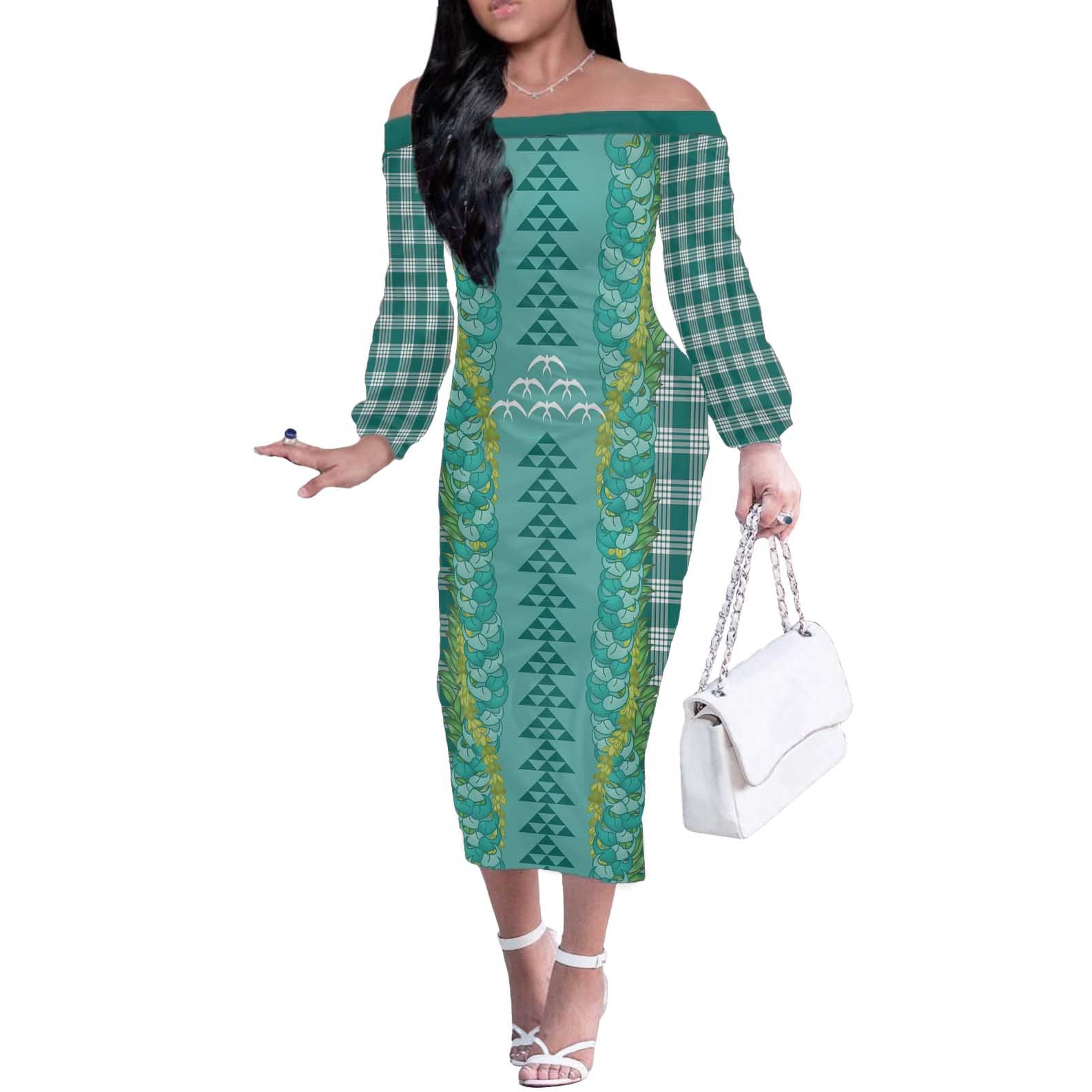 Teal Palaka Hawaii Iwa Bird Off The Shoulder Long Sleeve Dress Hawaiian Kakau Jade Vine Lei - Polynesian Pride