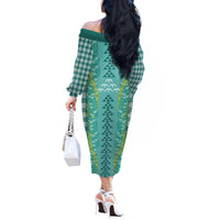 Teal Palaka Hawaii Iwa Bird Off The Shoulder Long Sleeve Dress Hawaiian Kakau Jade Vine Lei - Polynesian Pride