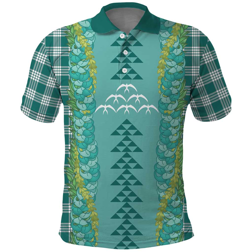 Teal Palaka Hawaii Iwa Bird Polo Shirt Hawaiian Kakau Jade Vine Lei - Polynesian Pride