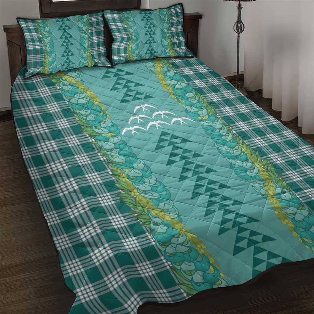 Teal Palaka Hawaii Iwa Bird Quilt Bed Set Hawaiian Kakau Jade Vine Lei - Polynesian Pride