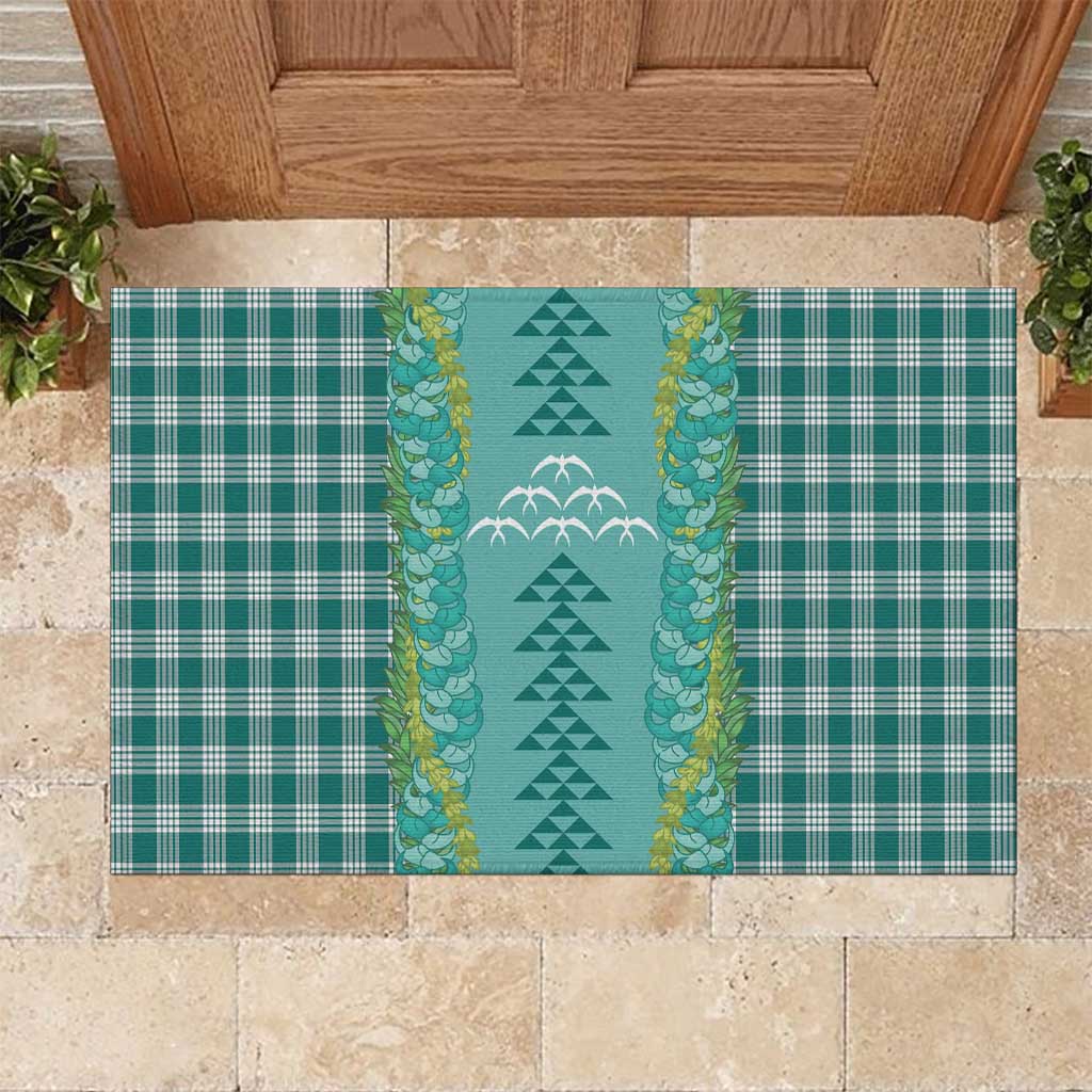 Teal Palaka Hawaii Iwa Bird Rubber Doormat Hawaiian Kakau Jade Vine Lei - Polynesian Pride