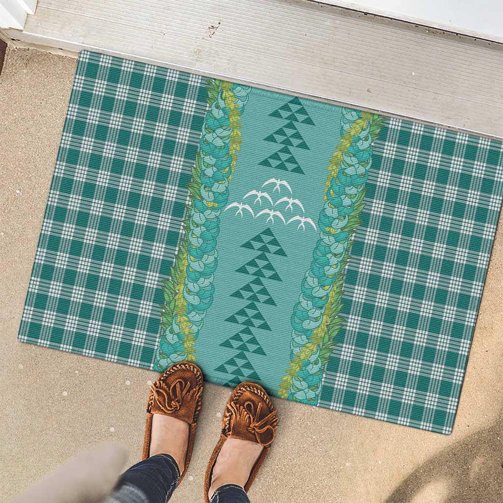 Teal Palaka Hawaii Iwa Bird Rubber Doormat Hawaiian Kakau Jade Vine Lei - Polynesian Pride