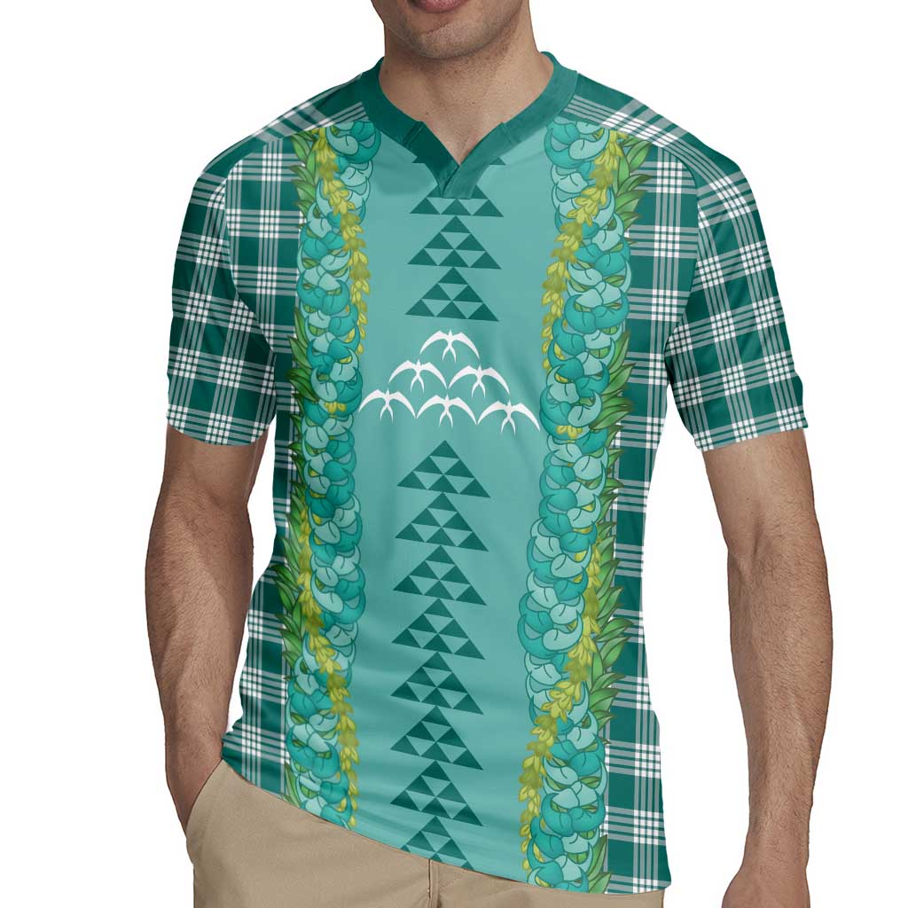 Teal Palaka Hawaii Iwa Bird Rugby Jersey Hawaiian Kakau Jade Vine Lei - Polynesian Pride