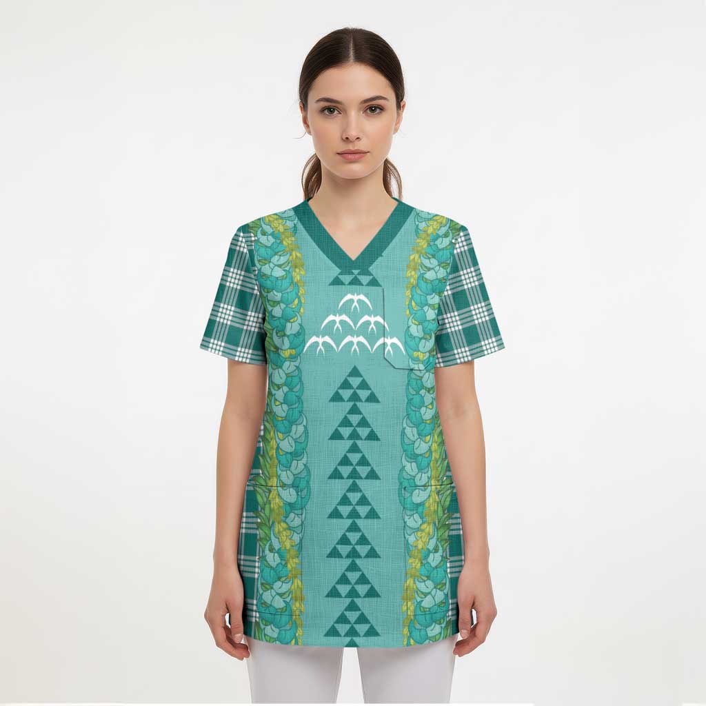 Teal Palaka Hawaii Iwa Bird Scrub Top Hawaiian Kakau Jade Vine Lei - Polynesian Pride