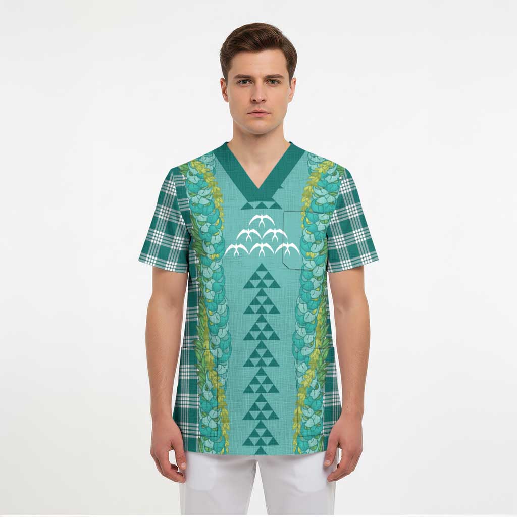 Teal Palaka Hawaii Iwa Bird Scrub Top Hawaiian Kakau Jade Vine Lei - Polynesian Pride