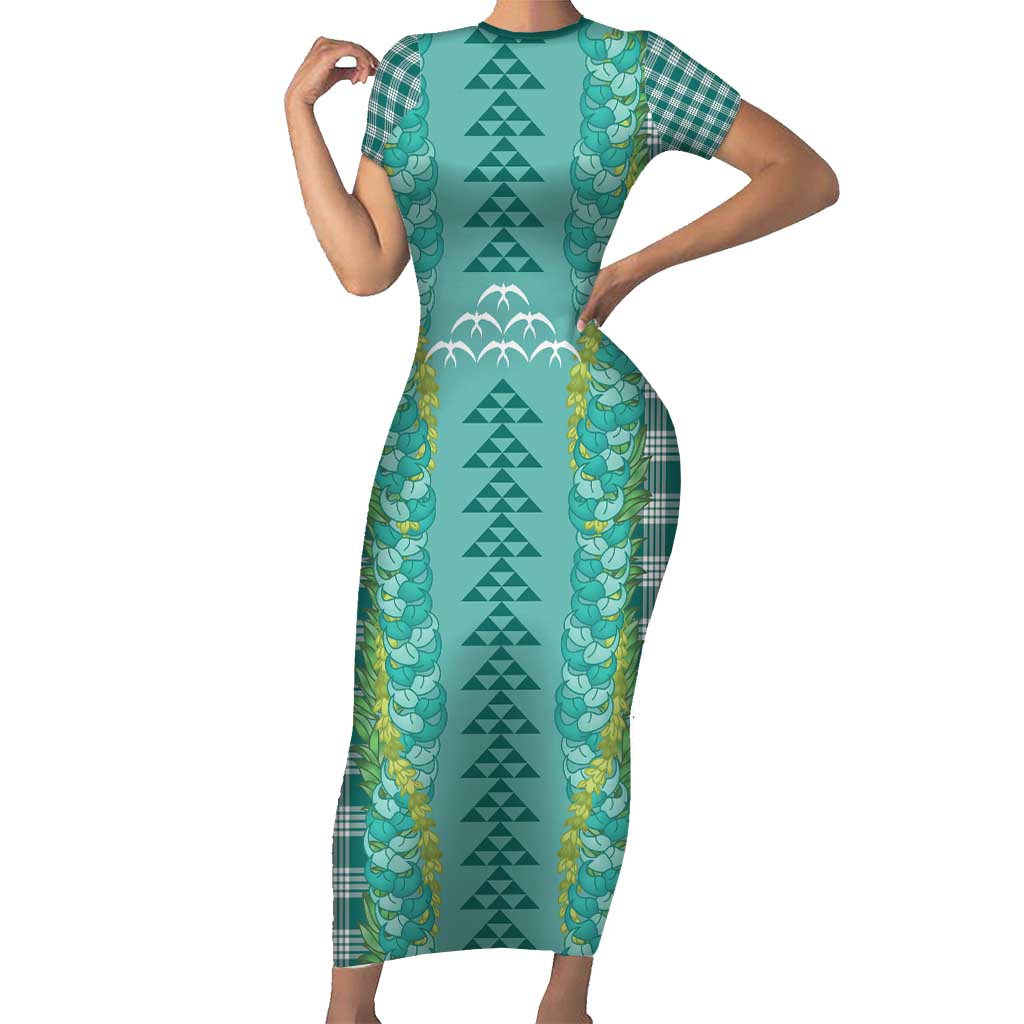 Teal Palaka Hawaii Iwa Bird Short Sleeve Bodycon Dress Hawaiian Kakau Jade Vine Lei - Polynesian Pride