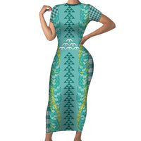 Teal Palaka Hawaii Iwa Bird Short Sleeve Bodycon Dress Hawaiian Kakau Jade Vine Lei - Polynesian Pride