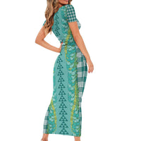 Teal Palaka Hawaii Iwa Bird Short Sleeve Bodycon Dress Hawaiian Kakau Jade Vine Lei - Polynesian Pride