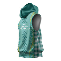 Teal Palaka Hawaii Iwa Bird Sleeveless Hoodie Hawaiian Kakau Jade Vine Lei - Polynesian Pride
