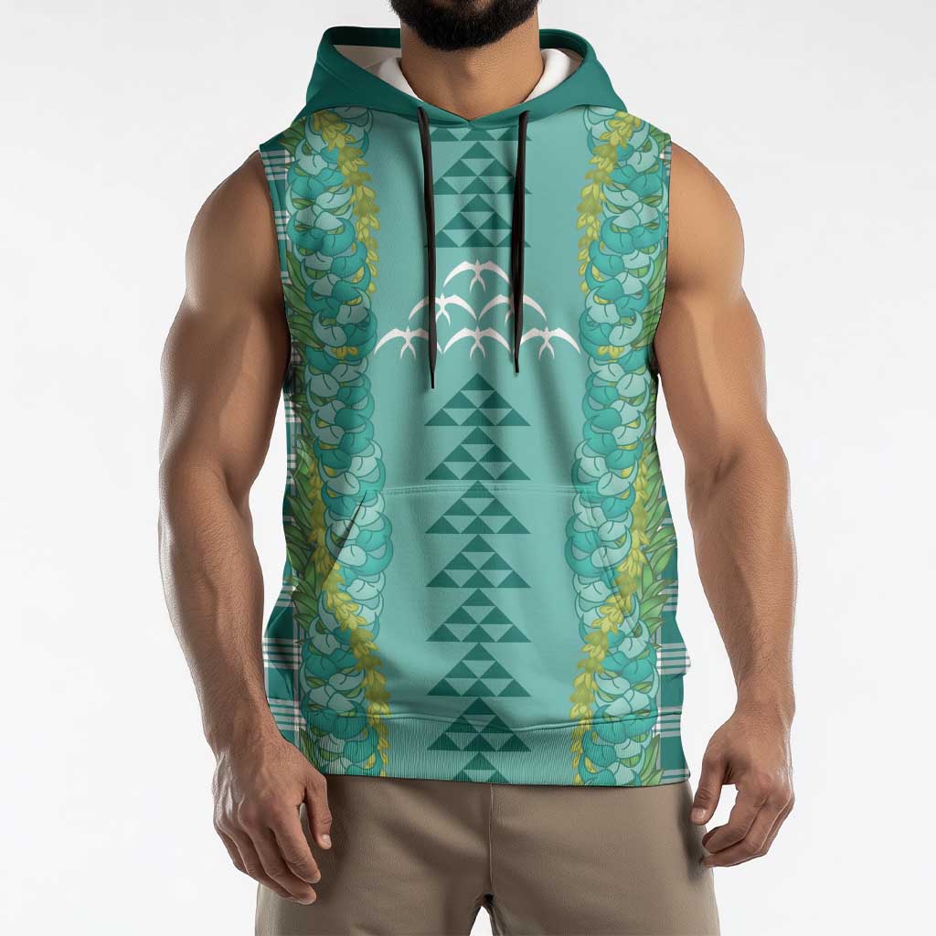 Teal Palaka Hawaii Iwa Bird Sleeveless Hoodie Hawaiian Kakau Jade Vine Lei - Polynesian Pride