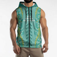 Teal Palaka Hawaii Iwa Bird Sleeveless Zip Hoodie Hawaiian Kakau Jade Vine Lei - Polynesian Pride