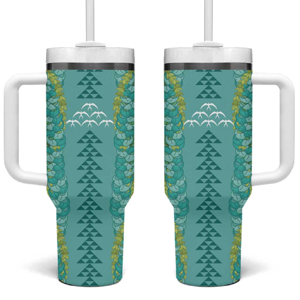 Teal Palaka Hawaii Iwa Bird Tumbler With Handle Hawaiian Kakau Jade Vine Lei - Polynesian Pride