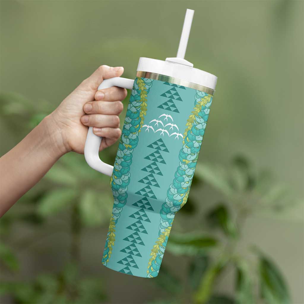 Teal Palaka Hawaii Iwa Bird Tumbler With Handle Hawaiian Kakau Jade Vine Lei - Polynesian Pride