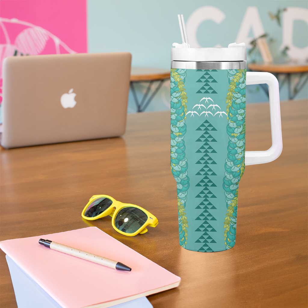 Teal Palaka Hawaii Iwa Bird Tumbler With Handle Hawaiian Kakau Jade Vine Lei - Polynesian Pride