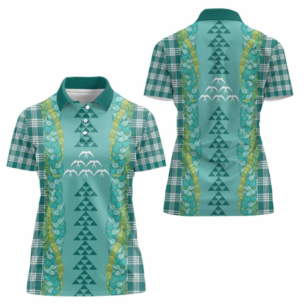 Teal Palaka Hawaii Iwa Bird Women Polo Shirt Hawaiian Kakau Jade Vine Lei - Polynesian Pride