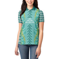 Teal Palaka Hawaii Iwa Bird Women Polo Shirt Hawaiian Kakau Jade Vine Lei - Polynesian Pride