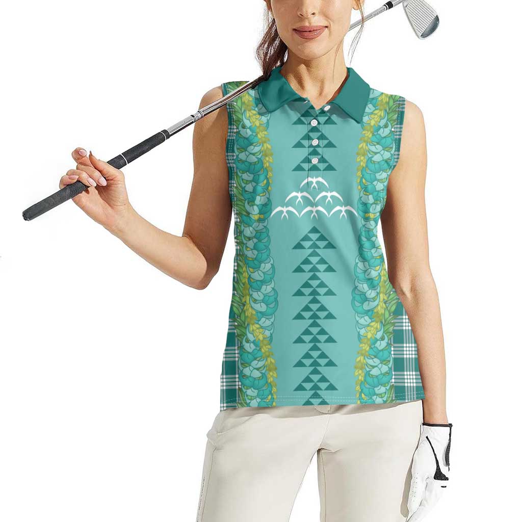 Teal Palaka Hawaii Iwa Bird Women Sleeveless Polo Shirt Hawaiian Kakau Jade Vine Lei - Polynesian Pride