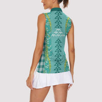 Teal Palaka Hawaii Iwa Bird Women Sleeveless Polo Shirt Hawaiian Kakau Jade Vine Lei - Polynesian Pride