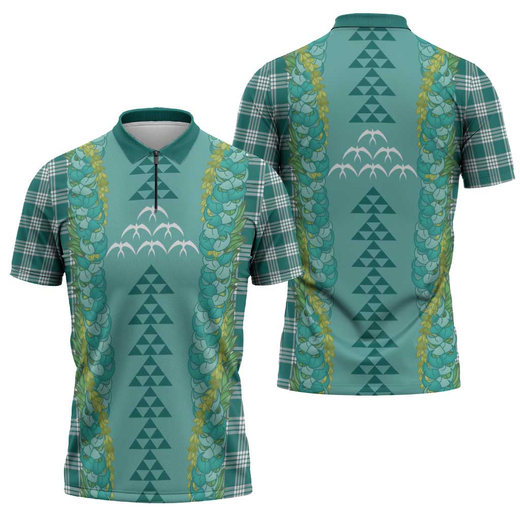 Teal Palaka Hawaii Iwa Bird Zipper Polo Shirt Hawaiian Kakau Jade Vine Lei - Polynesian Pride