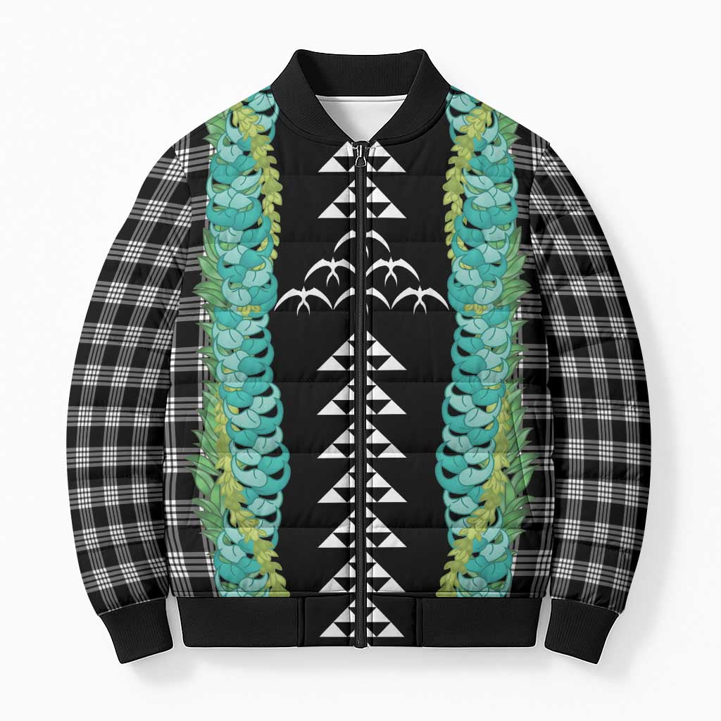 Black Palaka Hawaii Iwa Bird Bomber Puffer Jacket Hawaiian Kakau Jade Vine Lei - Polynesian Pride