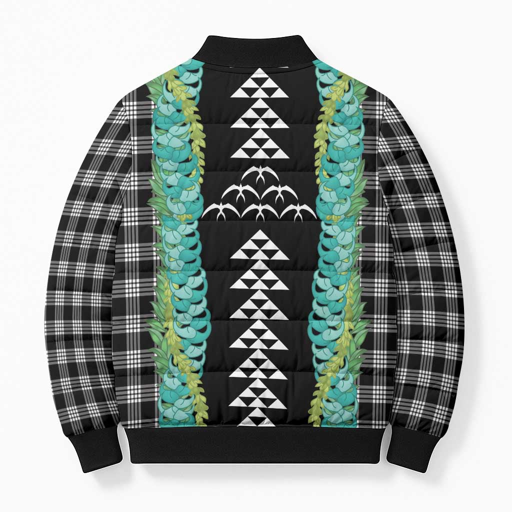 Black Palaka Hawaii Iwa Bird Bomber Puffer Jacket Hawaiian Kakau Jade Vine Lei - Polynesian Pride