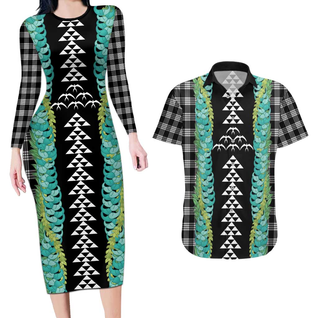 Black Palaka Hawaii Iwa Bird Couples Matching Long Sleeve Bodycon Dress and Hawaiian Shirt Hawaiian Kakau Jade Vine Lei LT14 Black - Polynesian Pride
