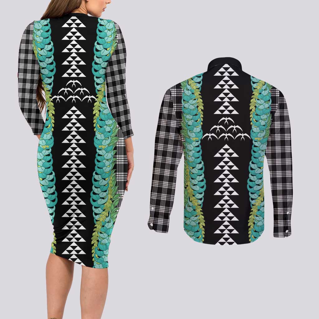 Black Palaka Hawaii Iwa Bird Couples Matching Long Sleeve Bodycon Dress and Long Sleeve Button Shirt Hawaiian Kakau Jade Vine Lei - Polynesian Pride